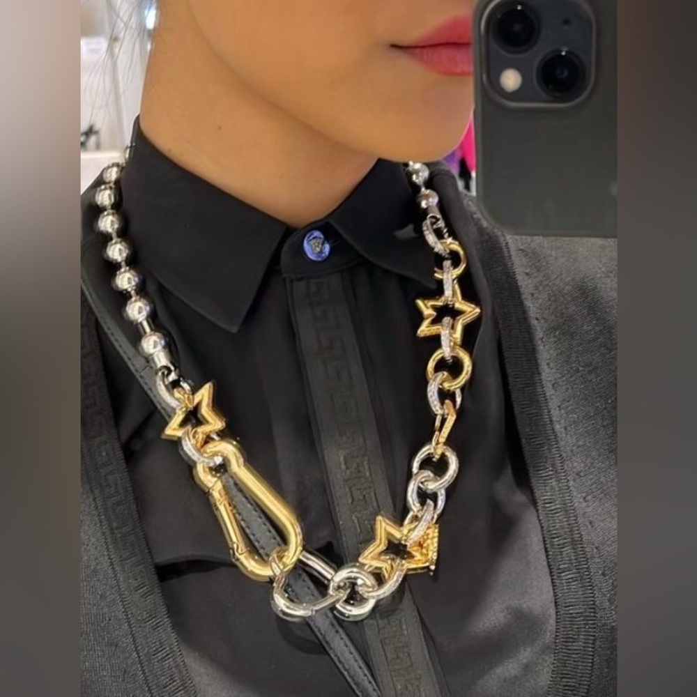 Versace Medusa Gold Charm Two Tone Embellished Chain Chunky Necklace 😍